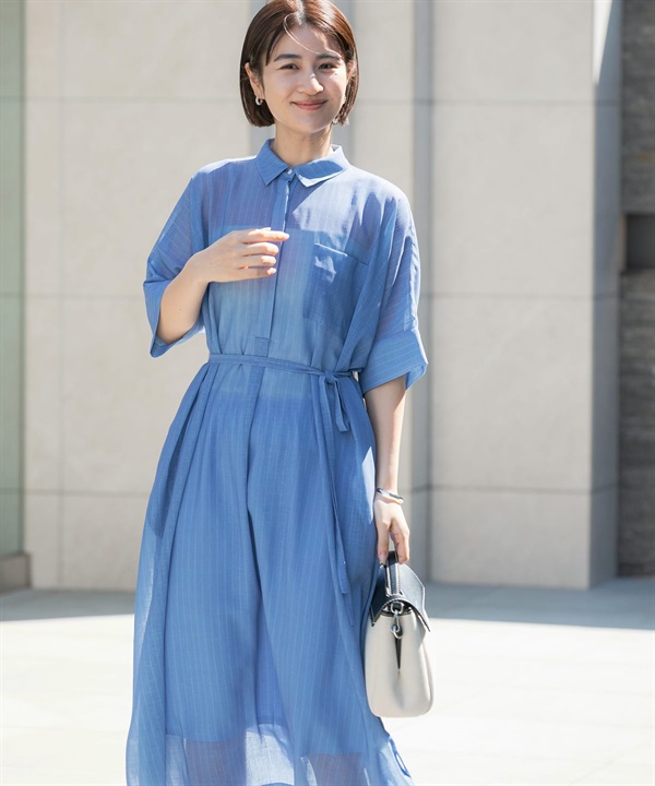 透膚五分袖襯衫洋裝(附襯裙)