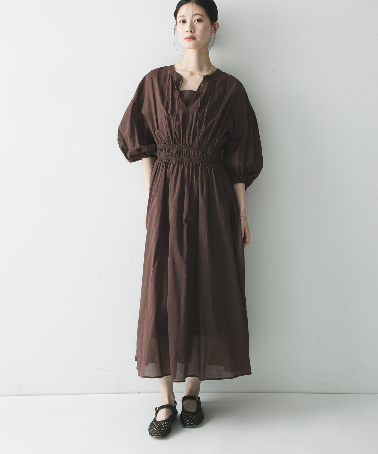 棉質巴里紗抽褶縫洋裝(附襯裙)