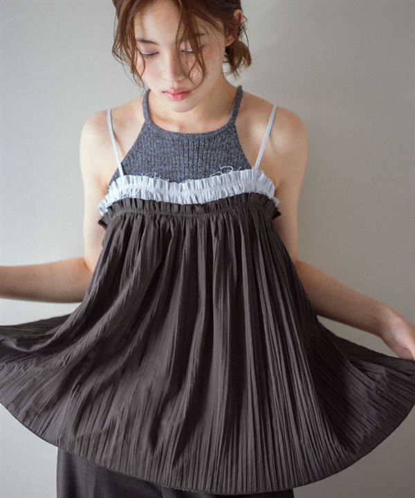 配色縐縮細肩帶背心