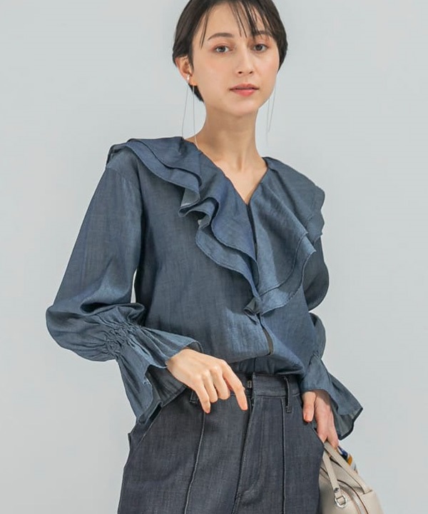 V領荷葉邊透膚牛仔罩衫