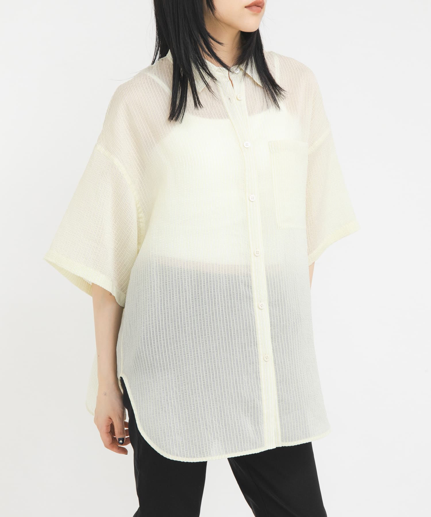 透膚直條紋寬版襯衫