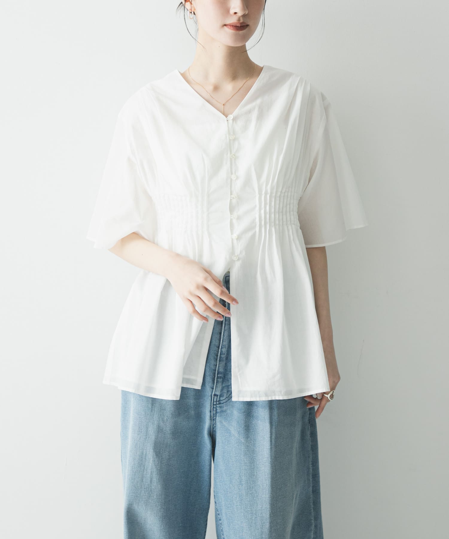 棉質巴里紗打褶設計罩衫